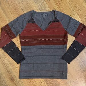 Gray and Red Striped V-Neck Women's Sweater